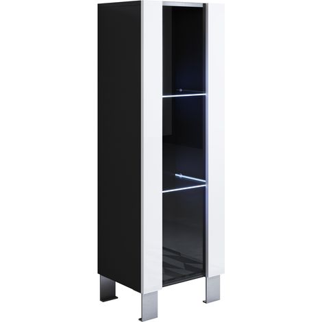 Vitrina con Patas 12cm  Armario  Mueble de Salón  Vitrina de pared  LED  1 puerta  40x138x29cm  Modelo Luke V2  Negro y Blanco brillo
