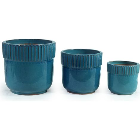 GagaSet de pots de fleurs en céramique 3 pièces Ø38, Ø30, 5 et Ø23 cm bleu turquoise (1/5)