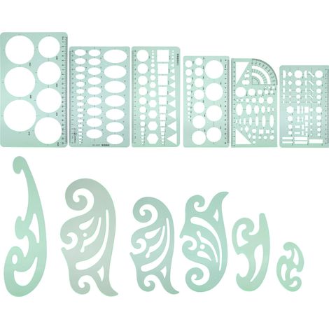 Lot de 12 gabarits de dessin multifonctionnels en plastique pour mesures géométriques et conception de plans.