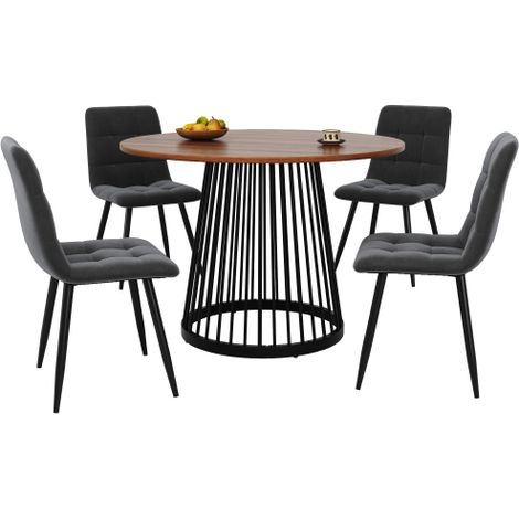 Table ronde 80cm MDF noyer,pieds noirs,4 chaises velours,ensemble 5 pièces (1/5)
