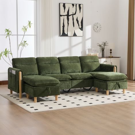 Sofá modular 261/77/86 cm verde de chenilla con 2 pufs con almacenaje (1/5)