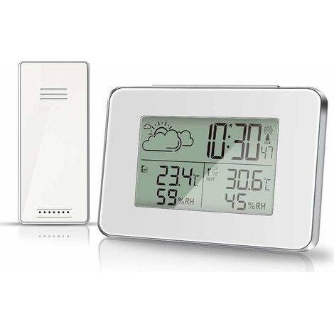 Station météo sans Fil hygromètre pour thermomètre extérieur intérieur avec capteur extérieur Écran LCD Moniteur d'humidité numérique de la température avec rétroéclairage (Blanc) (1/4)