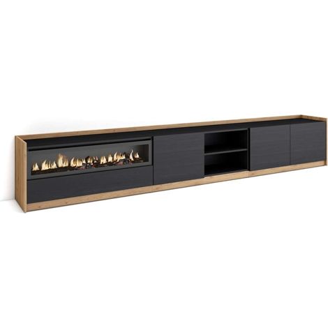 Mueble TV Frigiliana-02 de 310x50x37 cm con chimenea y luces LED, color negro y roble (1/4)
