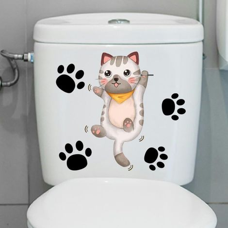 Autocollants Toilette Chat Gris 25 x 20 cm – 3 Pièces PVC Étanche et Auto-Adhésif pour Couvercle ou Siège de WC – Stickers Muraux Drôles
