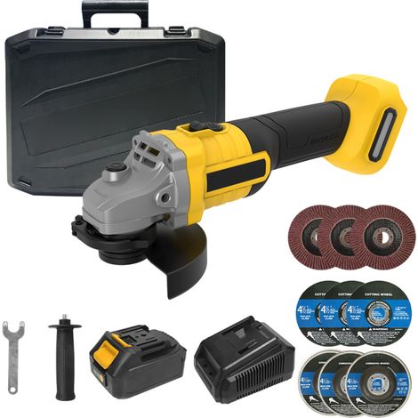 Meuleuse d'angle électrique sans balais 20 V, 115 mm (4-1/2"), batterie Li-Ion 4,0 Ah avec chargeur rapide, meuleuse portative pour métaux, disque à tronçonner et disque à meuler inclus, jaune (1/5)