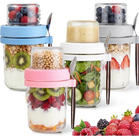 Lot de 4 Bocaux en verre, Double paroi, Couvercle hermétique, Préparation repas, Overnight oats (1/5)
