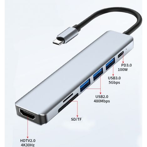 Hubb USB-C 7-en-1 avec Ports HDMI, USB 3.0, USB 2.0, Charge PD et Lecteur de Cartes SD/TF (1/4)