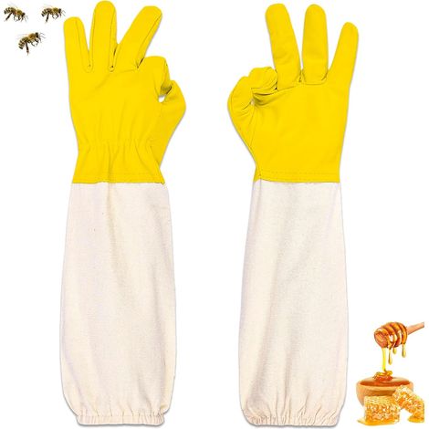 Guantes de apicultura de piel de cabra, guantes de lona de manga larga para apicultores, guantes de jardinería, equipo de apicultura compatible con ropa de protección (amarillo) (1/5)