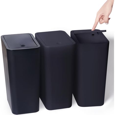 Lot de 3 petites poubelles de 10 l avec couvercle, couvercle à pression, petite poubelle pour salle de bain, cuisine, bureau, chambre à coucher (noir) (1/5)