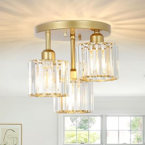 Modern Crystal Chandelier, 3 Light Fixture with Glass Shade, Ceiling Light Fixture for Living Room, Bedroom, Kitchen, Hallway, Bathroom (Matte Gold) (1/5)