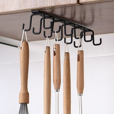 Porte-ustensiles de cuisine sans perçage, crochets à tasses double rangée en fer pour armoire, porte-cuillères et spatules grande capacité, noir. (1/5)