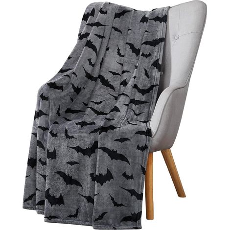 Coperta in pile per Halloween, pipistrelli neri su sfondo grigio, 127 x 178 cm, flanella morbidissima, ideale per divano, letto, sedia e camere da letto, decorazione per Halloween, resistente e lavabi (1/5)