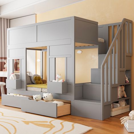 Letto a soppalco per bambini in legno grigio, 90x200 cm, con scaletta contenitore e cassetti. (1/5)
