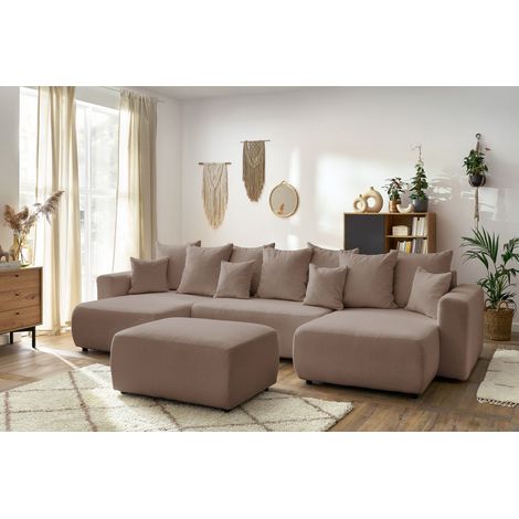 BOBOCHIC - Canapé panoramique convertible coffre ENVY tissu bouclette avec pouf rectangulaire Marron (1/5)