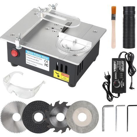 96W Mini Scie Circulaire de Table avec 4 Lames de Scie Circulaire Alimentation électrique Réglables à l'infini 0-10 mm de Coupe Réglable DIY, Découper de Petits Matériaux (1/5)