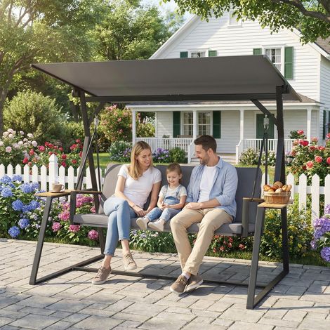 Balançoire jardin 3 places toit réglable coussins portants à boissons capacité charge 360 kg - Couleur: Gris