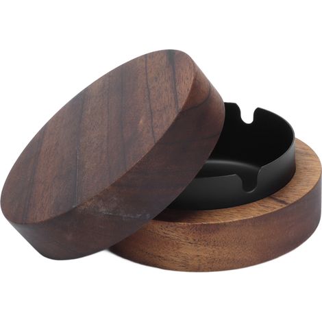 Cendrier compact en bois avec couvercle et doublure en acier inoxydable, coupe-vent, idéal pour le bureau (noir) (1/5)