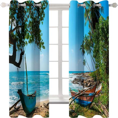 Rideaux Occultants 3D Pour Chambre À Coucher Paysage De Bateau De Mer Bleu 55X59 Pouces Rideau Super Doux À Oeillets Supérieur Isolation Thermique Traitement De Fenêtre Rideaux Assombrissants Pour Sal (1/5)