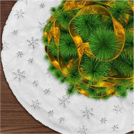 90cm Jupe de Sapin de Noël , Peluche Blanche à Double Couche Couverture avec Flocon de Neige Argenté, pour Décoration de Noël (1/5)
