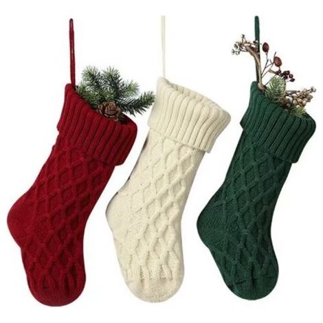 Juego de 3 calcetines navideños personalizados, 37 cm de alto, adornos navideños de punto, burdeos, verde y blanco.