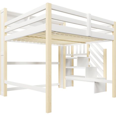 Kinder-Hochbett 140x200 cm mit LED, Stauraumtreppe, weiß/natur (1/5)