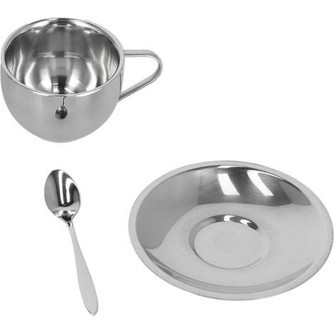 Juego de tazas de café de acero inoxidable de doble pared OVAQUIXI, juego de taza y cuchara para café, té y leche, juego de 3 piezas con (diseño de doble capa) (1/5)