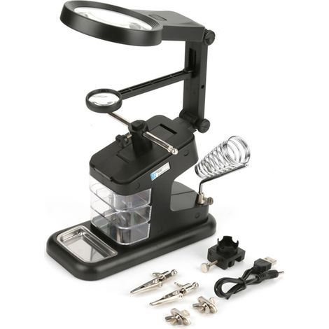 Station de travail pour fer à souder électrique USB, avec Loupe 3X/4,5X/25X, lumières LED, clips de panneau (noir) (1/5)