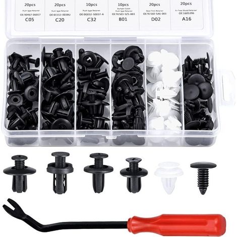 SABIR 100Pcs Rivet Clips Plastique Rivets Plastiques Fixation de Protection avec différentes formes et tailles Universel pour Auto Voitures Panneaux de Portes avec Boîte De Rangement(Noir, Blanc) (1/4)