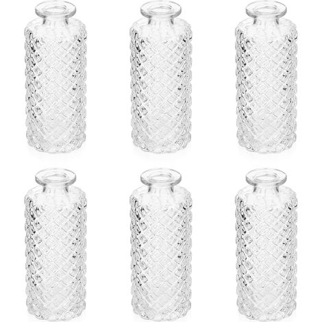 Set aus 6 Mini-Vasen aus klarem Glas im Vintage-Stil, perfekt für die Tischdekoration oder als Mittelstück für Hochzeiten oder Blumensträuße.