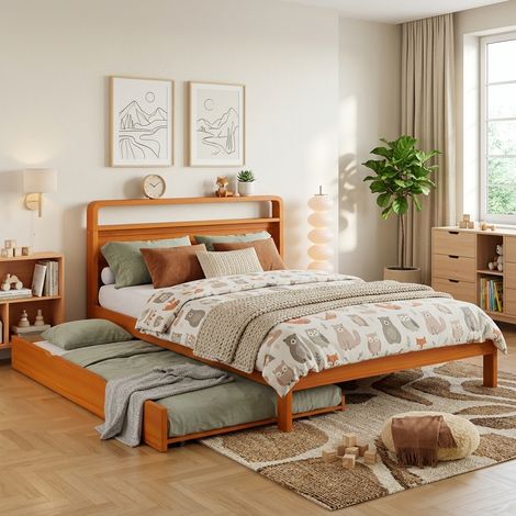 Cama nido de 140x200 cm para adultos con cama extraíble de 90x190 cm, diseño que ahorra espacio, cabecero redondeado, madera natural. (1/5)