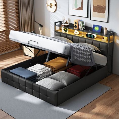 Cama 160x200 cm - 231225HGY - USB - LED - hidráulica - PU - marco de cama para adultos 160x200 cm - Negro