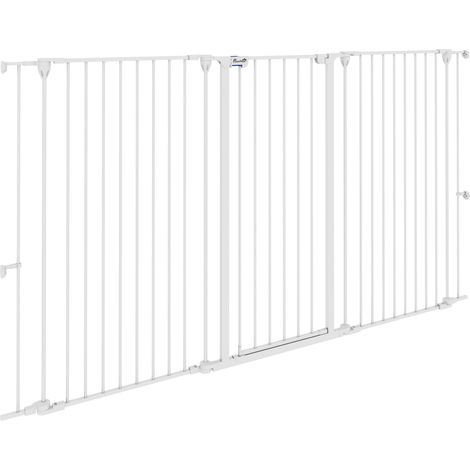Ausziehbares Hundesicherheitsgitter aus Metall mit doppeltem Verriegelungssystem und integrierter Tür, ideal für Treppen und Türöffnungen, Farbe: Weiß.
