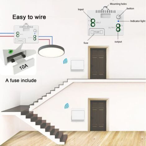 Kit d’interrupteur sans fil monobloc à 2 voies, émetteur radio autonome (sans pile), portée 50–200 m, courant 10 A, récepteur avec indicateur de signal radio, compatible avec installation électrique s (1/4)