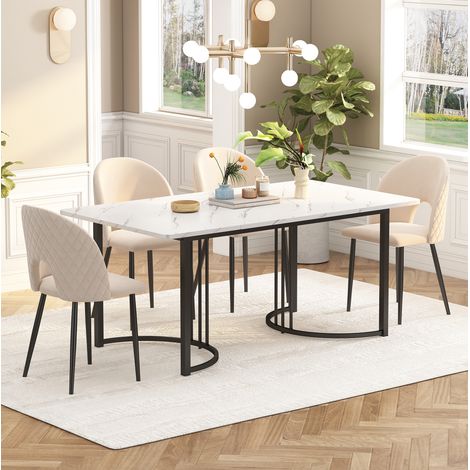 Tavolo da pranzo 140 x 80 cm in MDF e metallo, piano effetto marmo bianco, piedi regolabili DESVIAE (1/5)