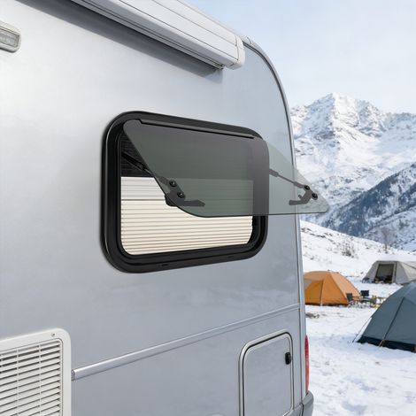 【Chauffage et ventilation】Fenêtre Latérale pour Camping-Car, 500 x 350 mm (Découpe), Ouverture 85°, Blanc et Noir, avec Store Intégré et Moustiquaire, pour Caravane et Camionnette (1/5)