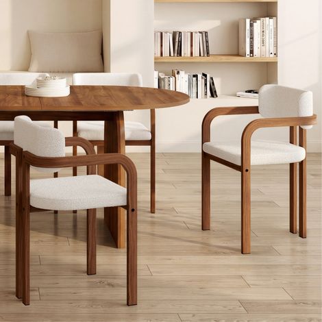 Juego de 4 sillas de comedor y sillones de mesa ESMA de metal efecto nogal y tela bouclette con reposabrazos (1/5)