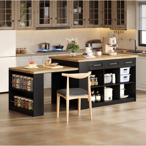 Isla de cocina 150/90/90 cm en negro y natural con mesa extraíble y espacio de almacenaje (1/5)