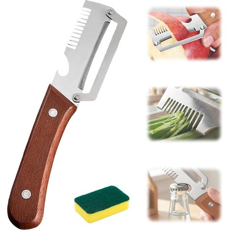 Pelador de verduras mejorado 2026 con mango de madera, pelador de verduras premium 3 en 1 con mango de madera y abridor de botellas para cocina, camping y viajes (1 unidad)