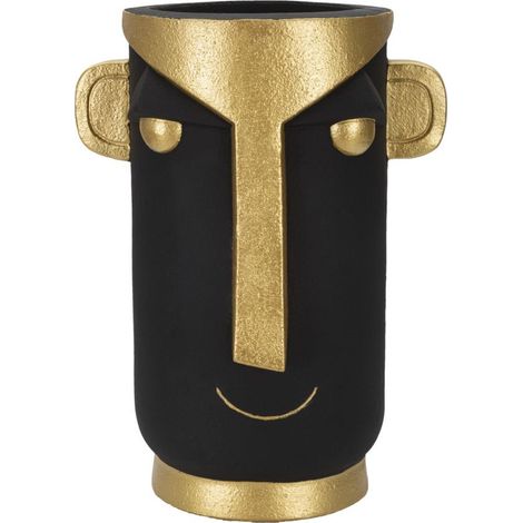 Vaso Tribal in resina nera e oro con volto stilizzato