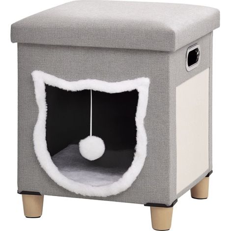 Basket for cat 2 in 1 with cushion removable, ball suspended and scratching, 35,5 x 35,5 x 42,5 cm, gray (1/5)