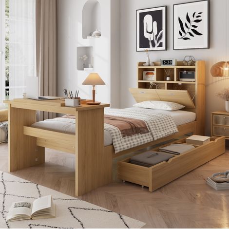 Cama 90x200 de madera natural con almacenaje y escritorio, sin colchón - MEUBLIV (1/5)