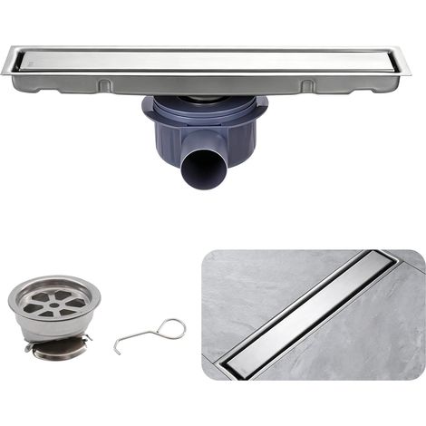 Bonde de douche - 8 x 50 cm - En acier inoxydable - 2 en 1 - Double face - Avec siphon à 360° - Anti-odeurs et filtre à cheveux - Caniveau de douche carrelé extra plat (1/5)