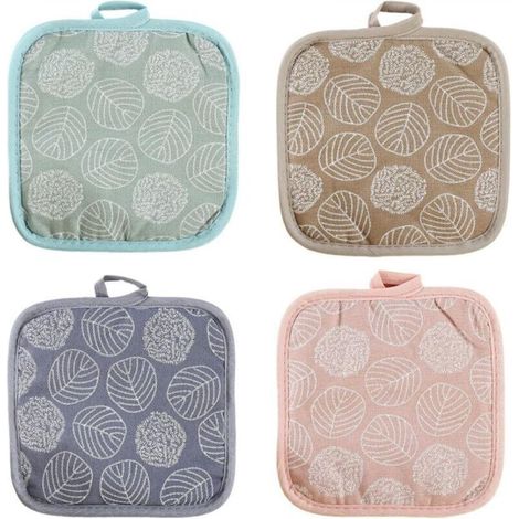 4 Pcs Maniques Cuisine en Coton et Lin Résistants à la Chaleur avec Trous de Suspension pour Protection de Main et des Surfaces (Motif Feuille) (1/4)