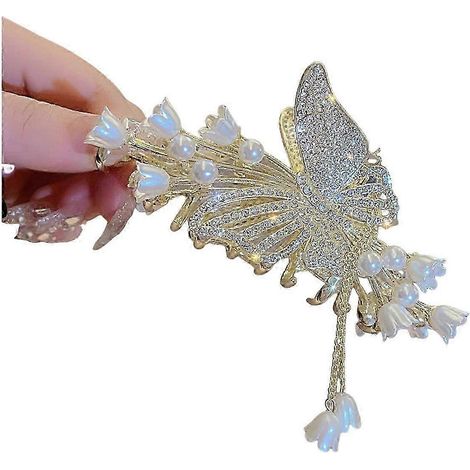 Pince à cheveux pour femme, ornée de strass brillants, de fausses perles et de papillons, avec pompon.-E (1/5)