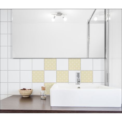 Sticker carrelage adhésif 15 cm X 15 cm - 6 autocollants carreaux jaune or et blanc, formes nuageuses graphiques, déco intérieure murale (1/3)