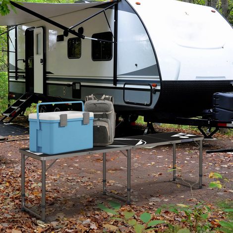 Mesa plegable de camping, ligera, regulable en altura, estructura de aluminio, 240 x 60 x 54/62/70 cm, negra.