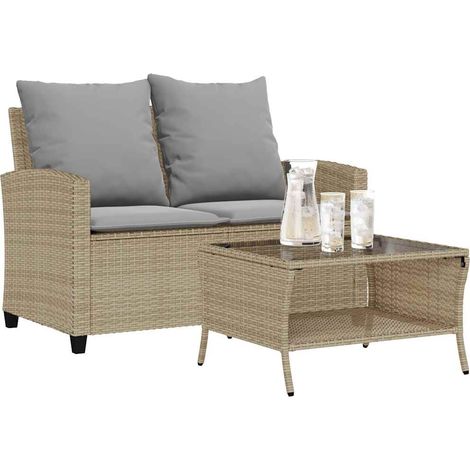 Gartensofa 2-Sitzer mit Kissen & Tisch Beige Poly Rattan