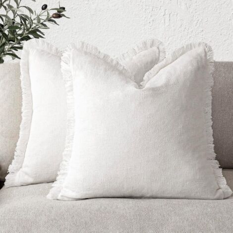 FENOPLASTICALot de 2 housses de coussin décoratives en lin à franges, style bohème, style ferme, avec pompons, taie d'oreiller douce pour canapé, 45 x 45 cm, blanc (1/5)