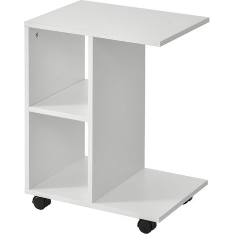 Table d'appoint blanche sur roulettes 45x35x58 cm avec étagères ouvertes, pour salon compact et fonctionnel design