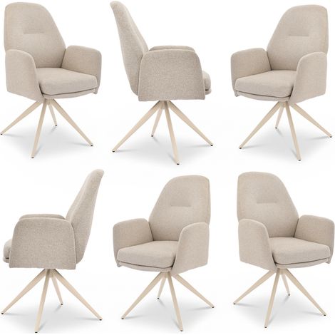 Bon Furni Webstoff Esszimmerstuhl Beige mit weißen Beinen, 6er Set, 360° drehbar, ergonomisch mit hoher Elastizität & Armlehnen